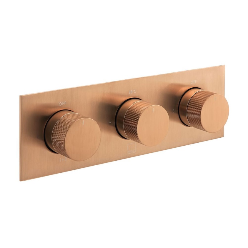 Cutout image of Vado Individual Knurled Accents Brushed Bronze Triple Outlet Shower Valve